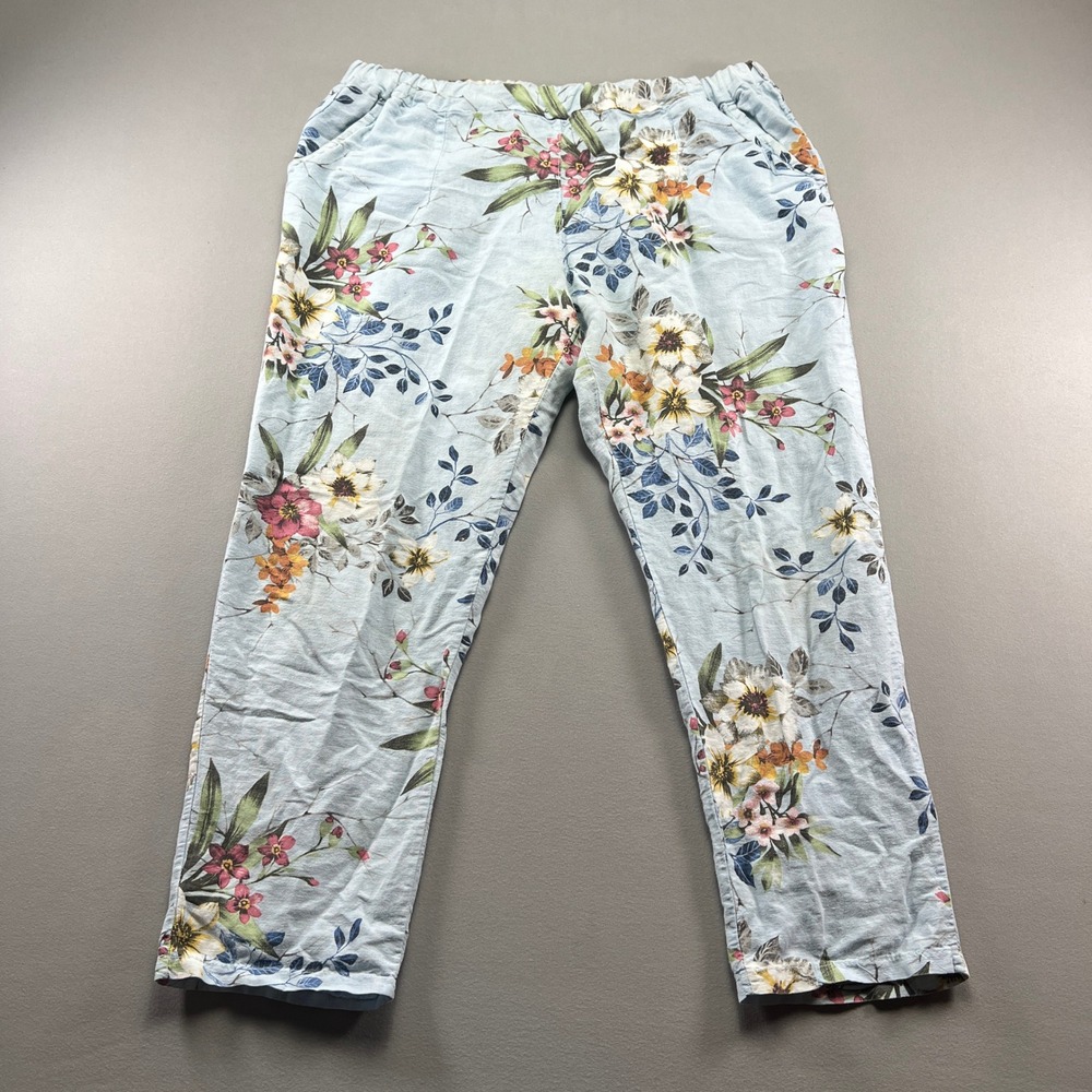 Kaktus Cropped Pants Womens Large Blue Botanical Mid Rise Pull On Straight Leg